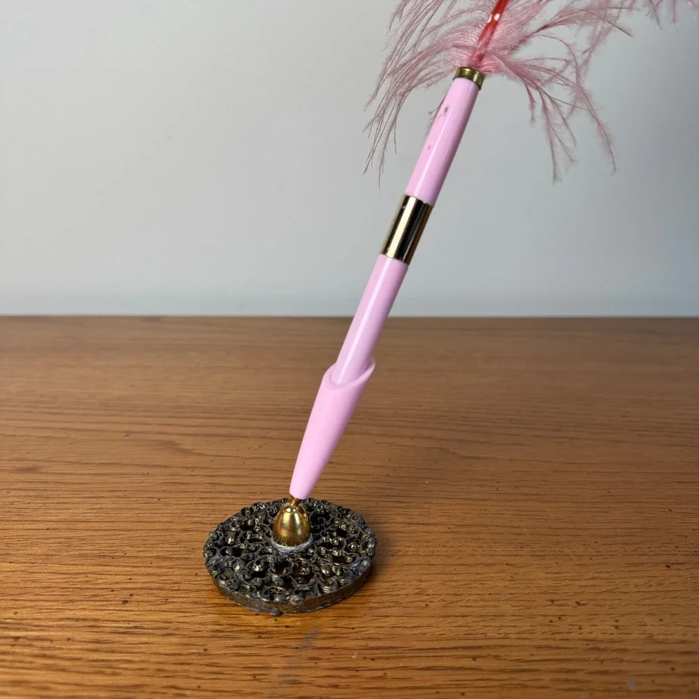 Pink Feather Ball Point Pen with Ornate Base Desk Accessory‎ Writing Tool Event